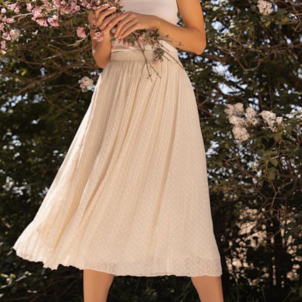 Lulus You're On My Mind Ivory Pleated Swiss Dot Midi Skirt White - Size L - Picture 1 of 1